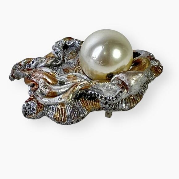 Artisan Brooch Abstract Polymer Clay Faux Pearl Silver And Gold Tone Vtg Signed - Picture 2 of 9